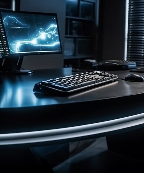 Modern office equipment on a blue desk generated by artificial intelligence