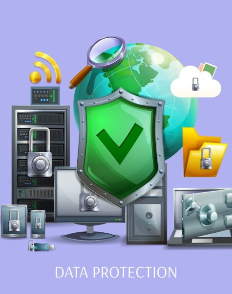 Data protection and storage concept with laptop computer and smartphone on violet background cartoon vector illustration