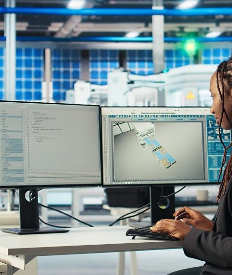 Programmer in photovoltaics factory using PC program to diagnose malfunctioning systems. Woman coding at computer desk in solar panels manufacturing plant, reducing downtime, camera A