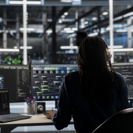 Data center worker using AI deep learning algorithms to analyze large datasets. Server farm technician using artificial intelligence and visual programming to recognize patterns in facility data
