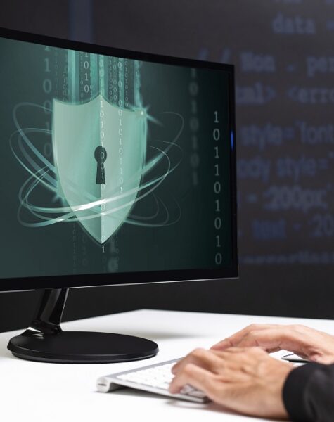 Hacker cracking the binary code data security