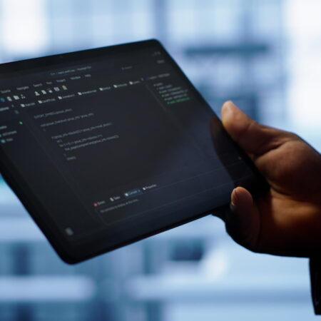 Programmer monitoring server room rigs, doing checkup, inputting data on tablet of needed fixes. IT specialist working in data center facility housing storage hardware, camera A close up