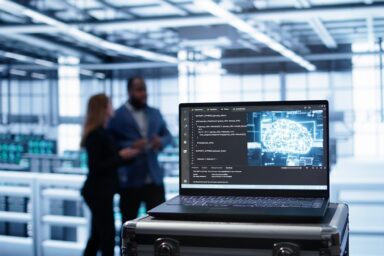 Laptop in data center facility with artificial intelligence computing simulating human brain, handheld camera shot. Close up of device displaying AI machine learning algorithms in server hub, camera B