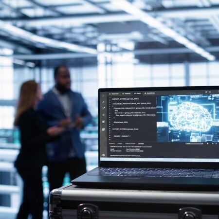 Laptop in data center facility with artificial intelligence computing simulating human brain, handheld camera shot. Close up of device displaying AI machine learning algorithms in server hub, camera B