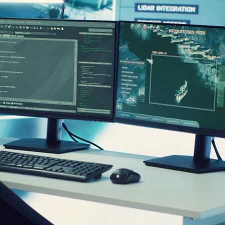 Federal anti terrorism operation room equipped with a big screen and radar surveillance footage on satellite cctv system used for reconnaissance. Empty military command center.