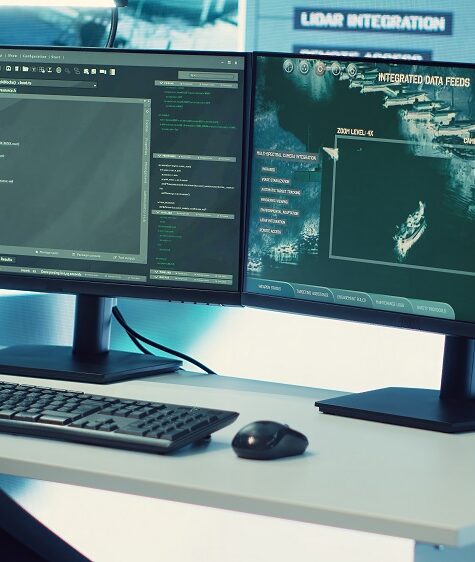 Federal anti terrorism operation room equipped with a big screen and radar surveillance footage on satellite cctv system used for reconnaissance. Empty military command center.