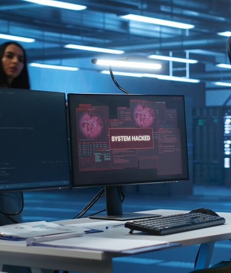 Programmer in server hub workspace requesting assistance from colleagues during hacking attack on computers. Software developer asking for help from colleagues to protect data from unauthorized access