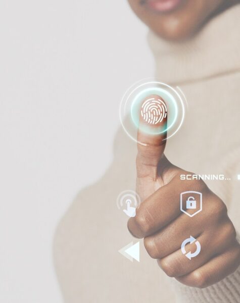 Woman scanning fingerprint with futuristic interface smart technology